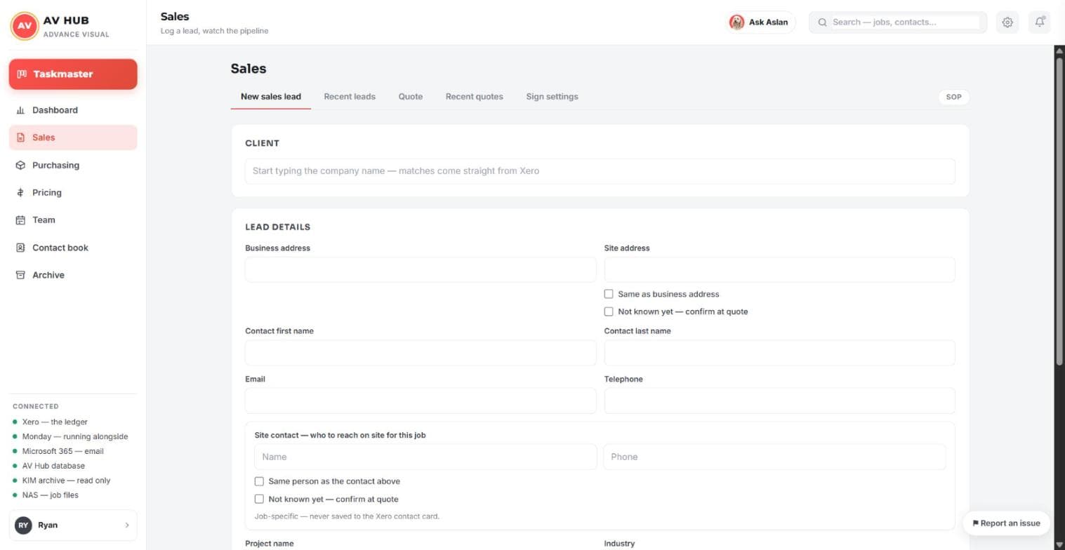 The new sales lead form, with client matches coming straight from Xero