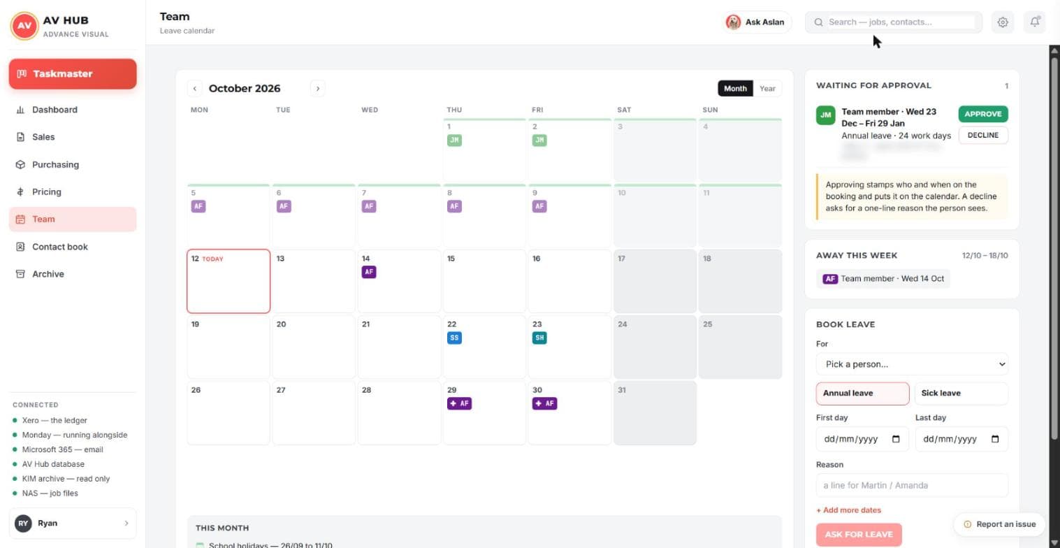 The team leave calendar with a request waiting for approval