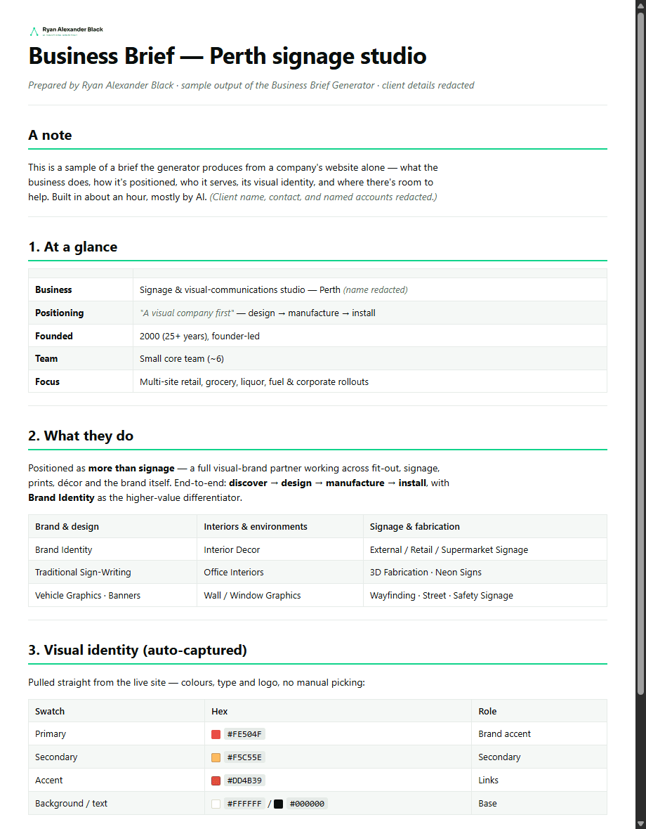 A real, anonymised business brief produced by the generator