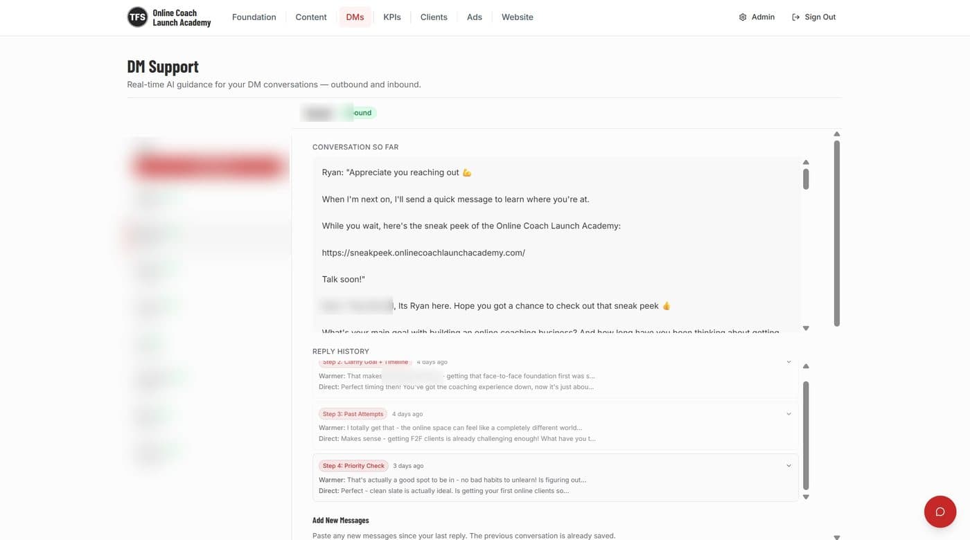 DM Support — live AI reply guidance