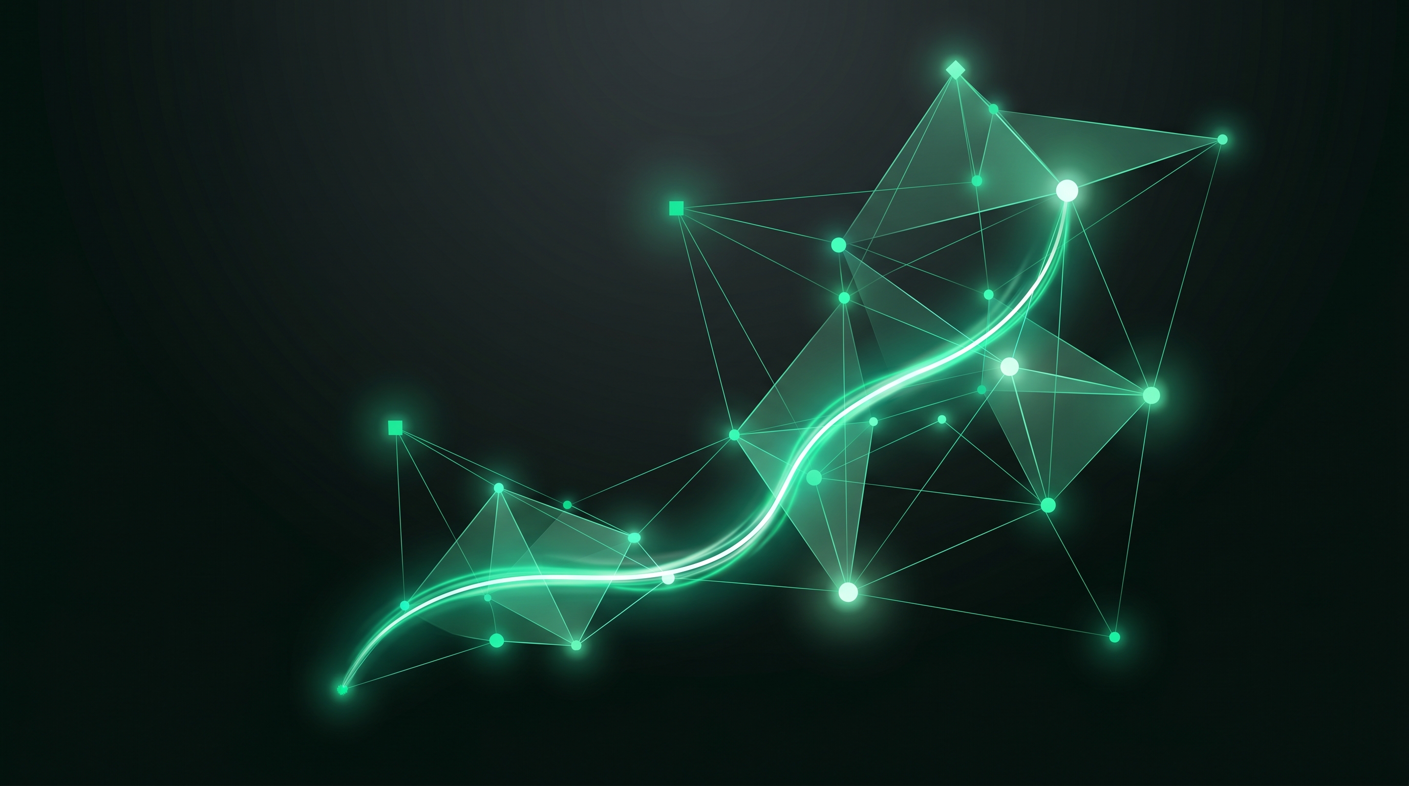 An abstract green network of connected nodes on a dark background, with one brighter path tracing through it